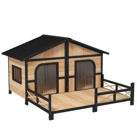 59x64x39 Large Wooden Dog House Raised Weatherproof Rustic Log Cabin Style Elevated Pet Shelter Porch Deck, Natural (Color: Black)